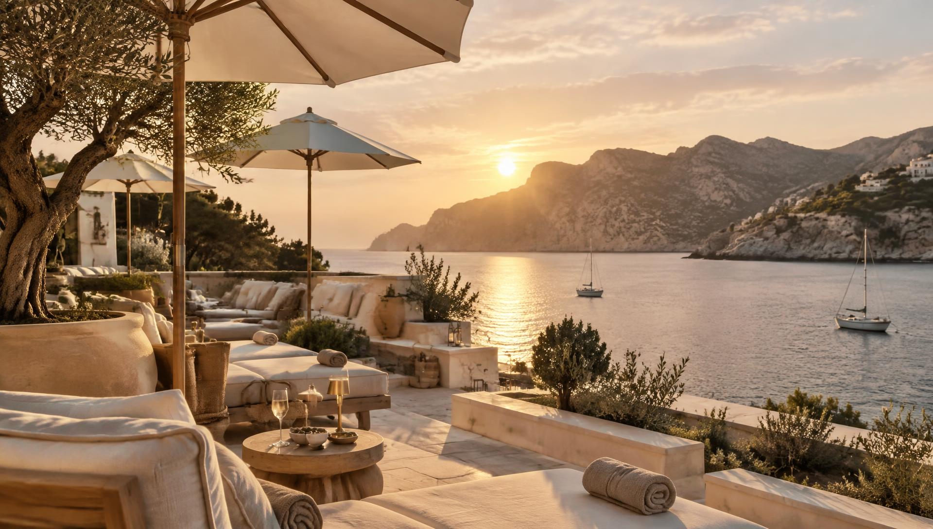 Terrasse eines mediterranen Beachclubs auf Mallorca im Abendlicht
